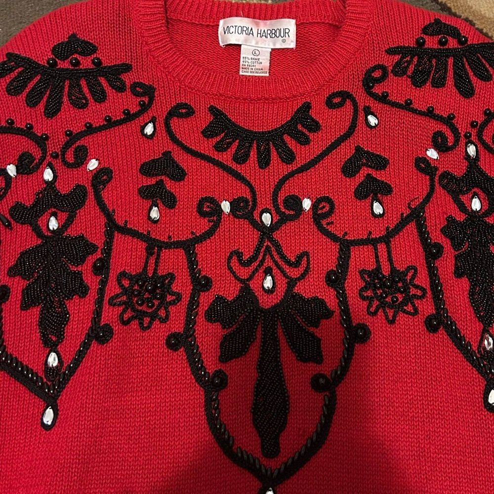 Vintage Victoria Harbour Red W/ Black Beaded Embellished Sweater Women Large - Picture 4 of 5